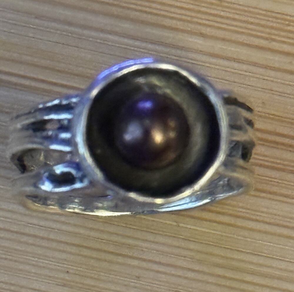 Vintage Genuine Dark Pearl Modernist Sterling Silver 925 Ring Size 8